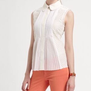 Tory Burch Durell Eyelet Pleated Placket Sleeveless Top